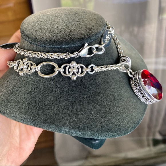 925 sterling silver overlay charm red garnet cz stone stainless steel necklace - Picture 10 of 16